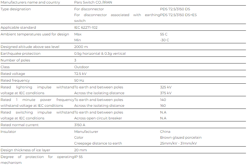 مشخصات فنی سکسیونر فشار قوی PDS 72.5-3150D